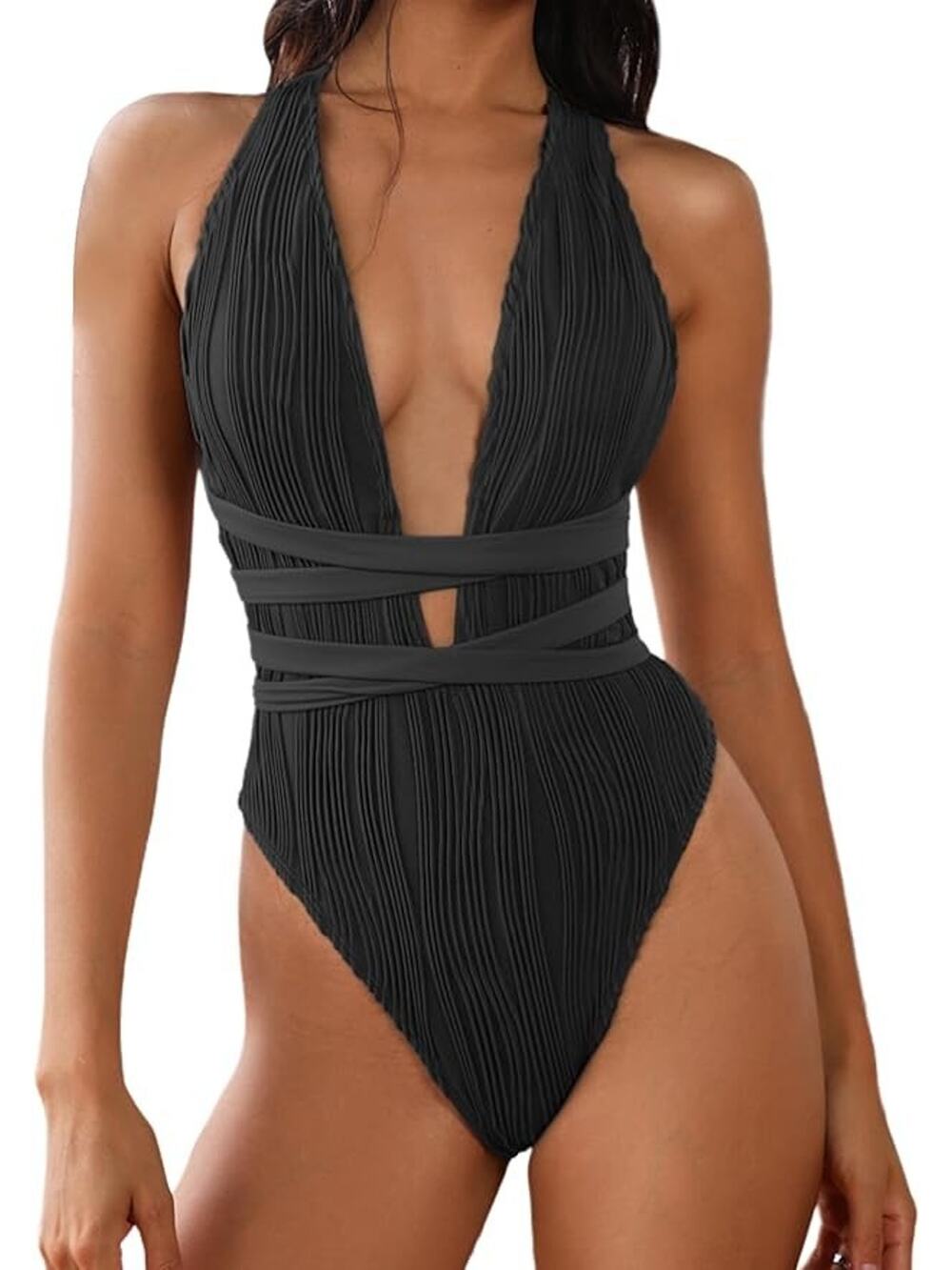 ZAFUL Women's One Piece Swimsuit Deep V Neck Ribbed Self Tie Black L